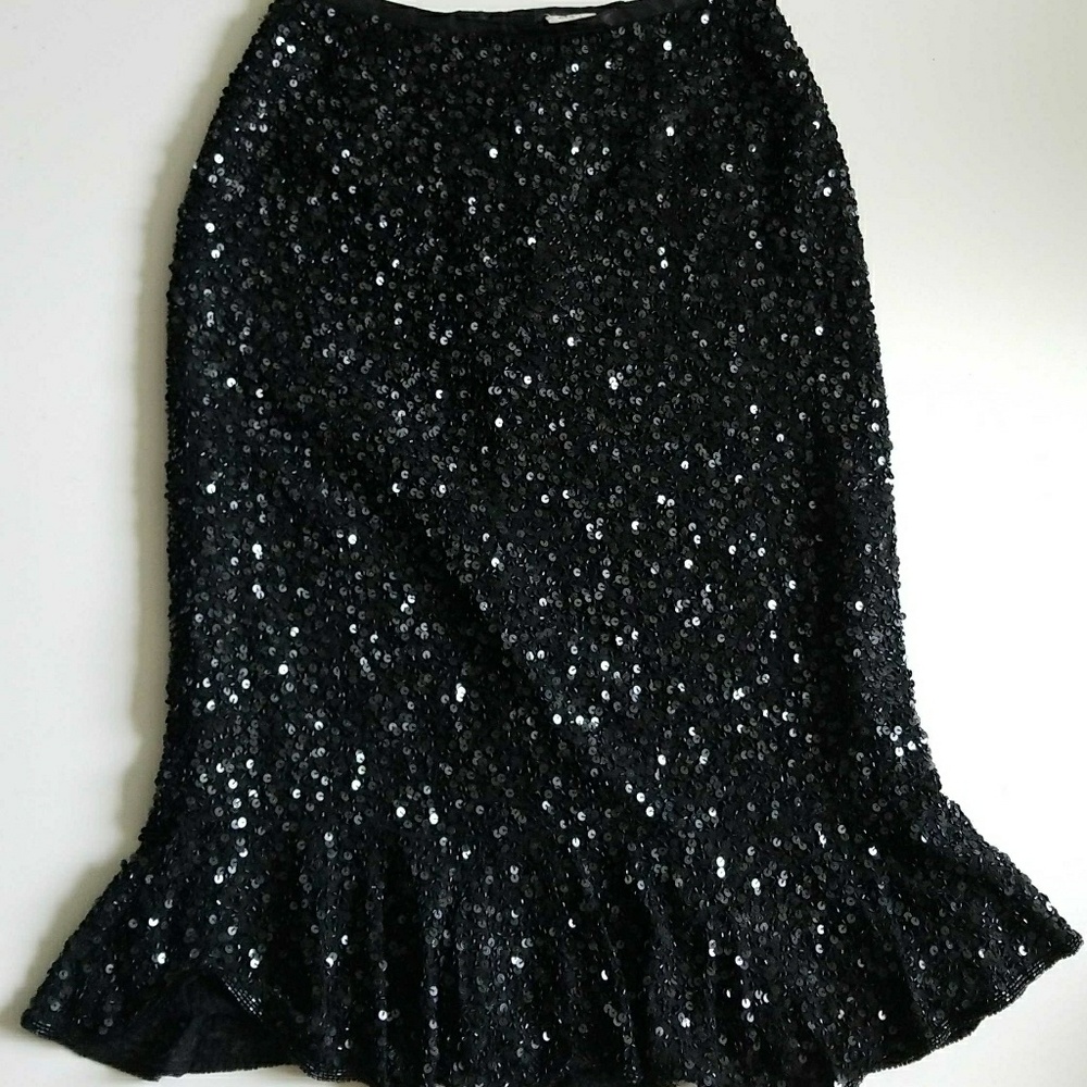 Black Sequin and bugle beaded flouncy flare skirt